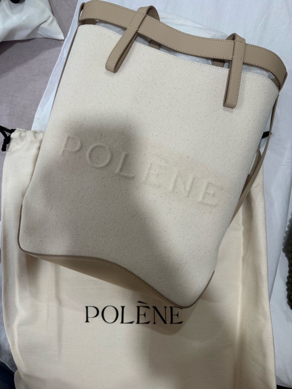Polene Beige Canvas and Leather Tote Bag